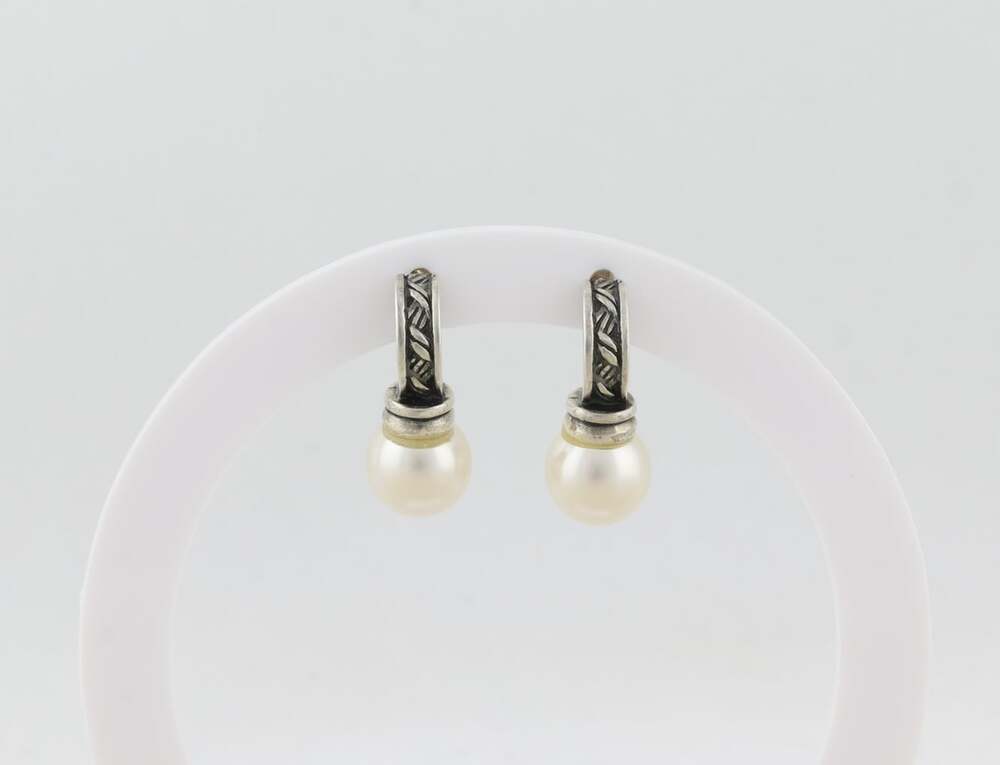 Sterling Silver Simulated Pearl Earrings Drop Earrings 7/8" x 3/8" - Picture 7 of 7